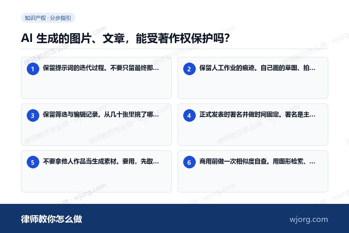 AI 生成的图片、文章,能受著作权保护吗? AI 生成的图片、文章,能受著作:6 步办理流程示意图