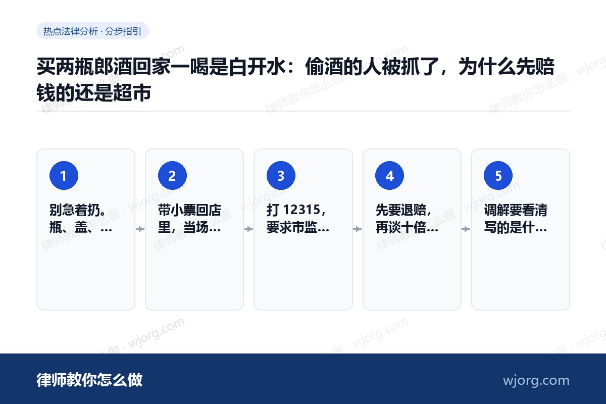 买两瓶郎酒回家一喝是白开水:偷酒的人被抓了,为什么先赔钱的还是超市 买两瓶郎酒回家一喝是白开水:偷酒:5 步办理流程示意图