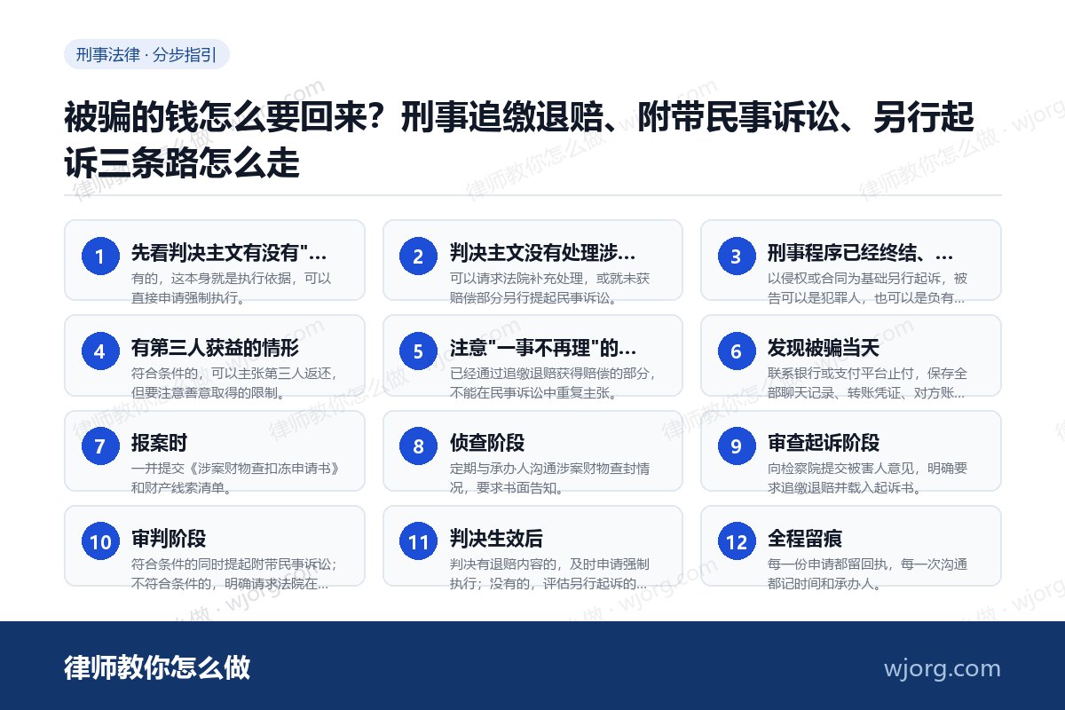被骗的钱怎么要回来?刑事追缴退赔、附带民事诉讼、另行起诉三条路怎么走 被骗的钱怎么要回来:12 步办理流程示意图