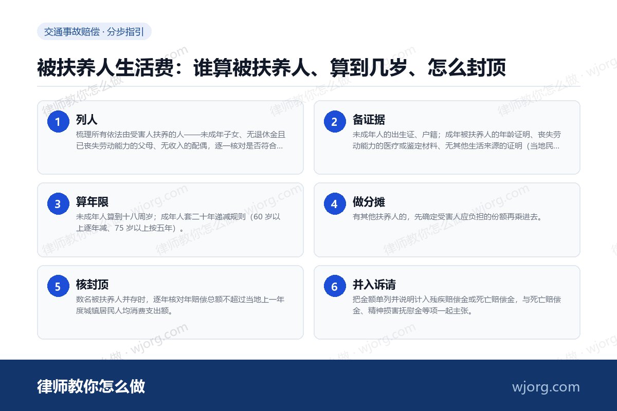 被扶养人生活费:谁算被扶养人、算到几岁、怎么封顶 被扶养人生活费:谁算被扶养人、算:6 步办理流程示意图
