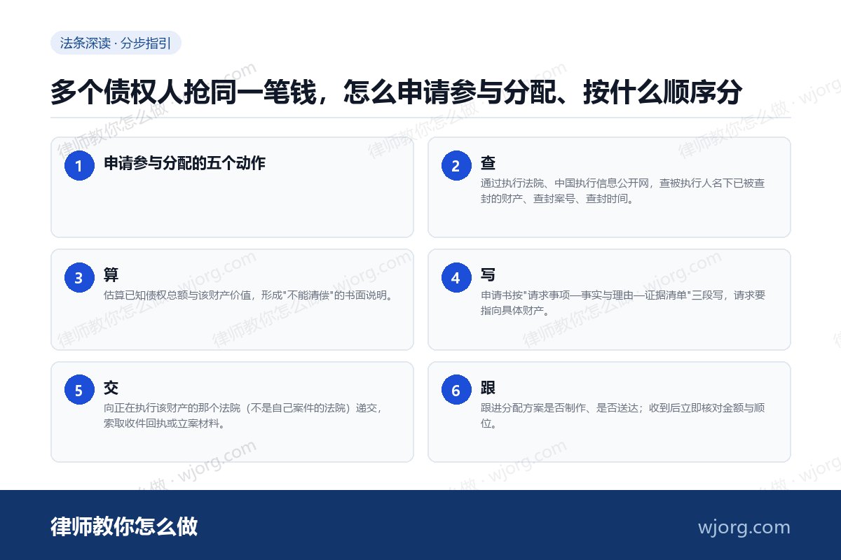 多个债权人抢同一笔钱,怎么申请参与分配、按什么顺序分 多个债权人抢同一笔钱,怎么申请参:6 步办理流程示意图