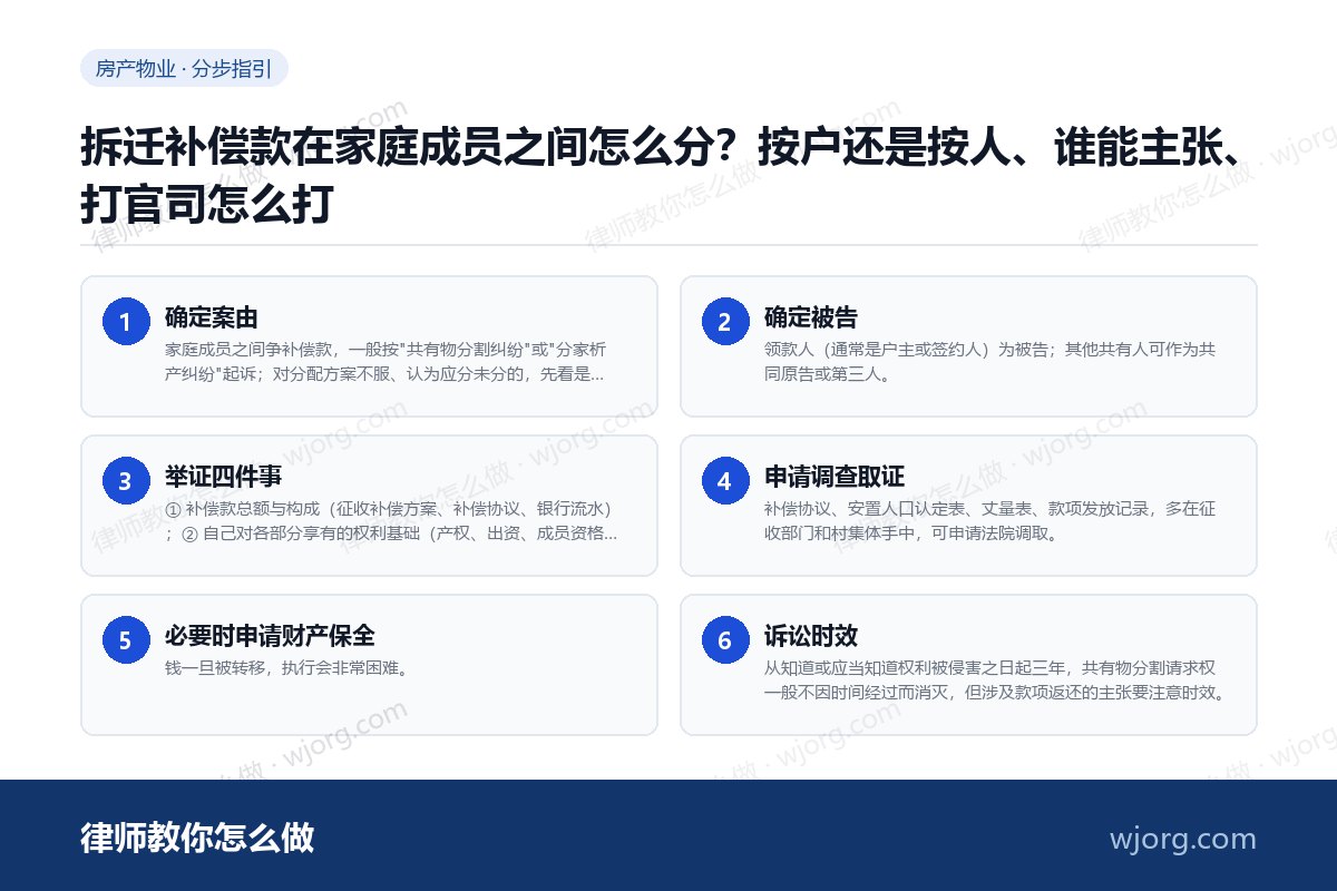 拆迁补偿款在家庭成员之间怎么分?按户还是按人、谁能主张、打官司怎么打 拆迁补偿款在家庭成员之间怎么分:6 步办理流程示意图