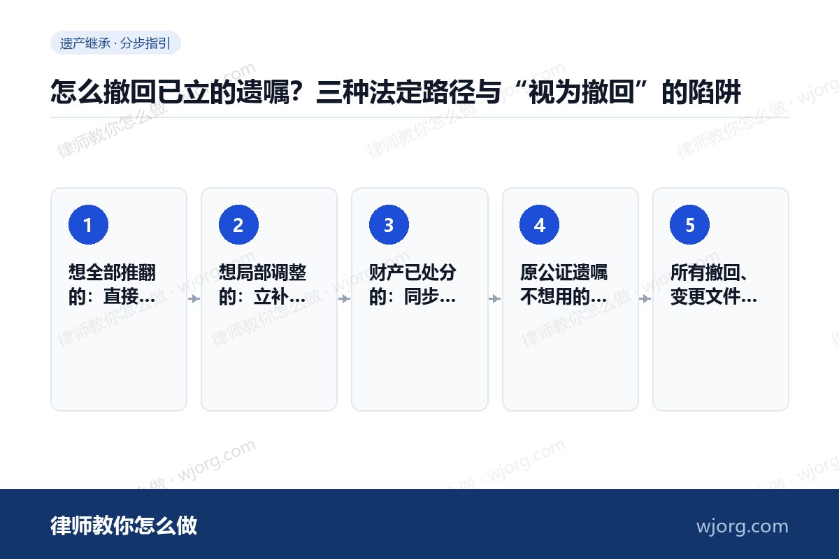 怎么撤回已立的遗嘱?三种法定路径与“视为撤回”的陷阱 怎么撤回已立的遗嘱:5 步办理流程示意图