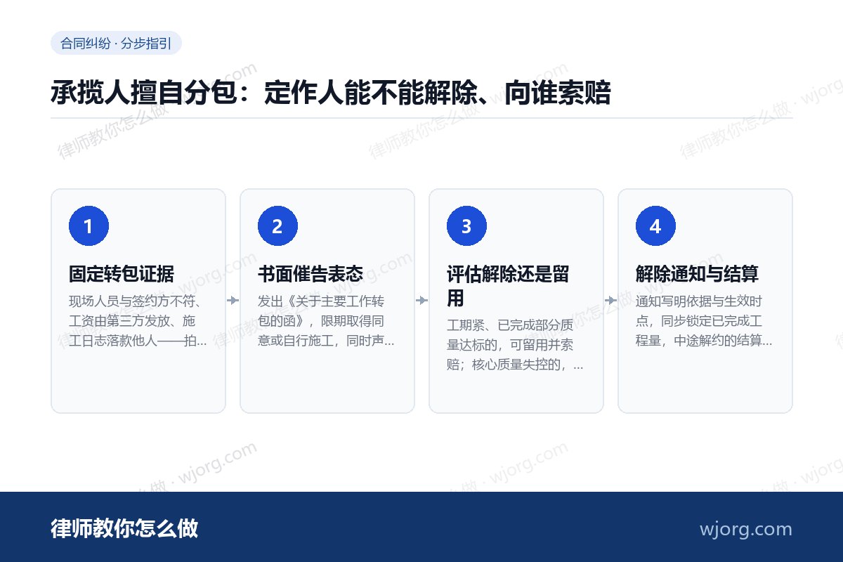 承揽人擅自分包:定作人能不能解除、向谁索赔 承揽人擅自分包:定作人能不能解除:4 步办理流程示意图