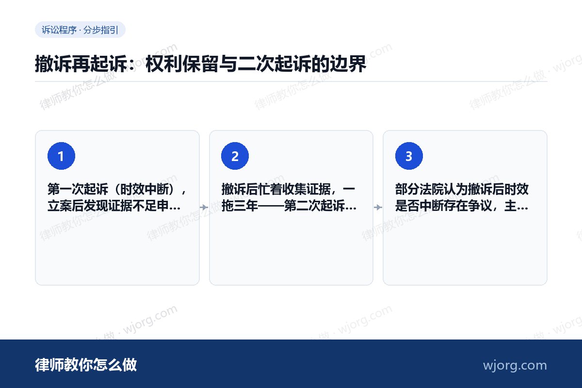 撤诉再起诉:权利保留与二次起诉的边界 撤诉再起诉:权利保留与二次起诉的:3 步办理流程示意图