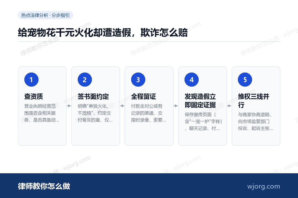 给宠物花千元火化却遭造假,欺诈怎么赔 给宠物花千元火化却遭造假,欺诈怎:5 步办理流程示意图
