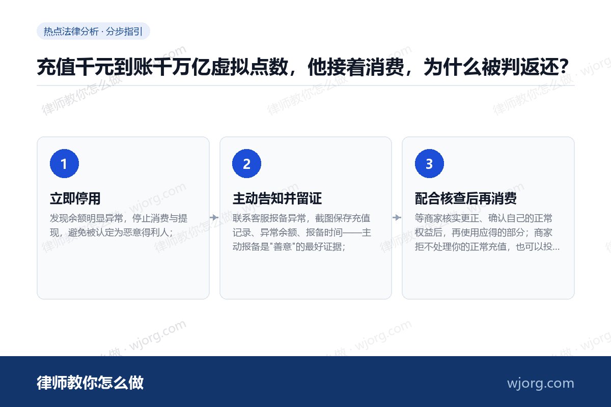 充值千元到账千万亿虚拟点数,他接着消费,为什么被判返还? 充值千元到账千万亿虚拟点数,他接:3 步办理流程示意图