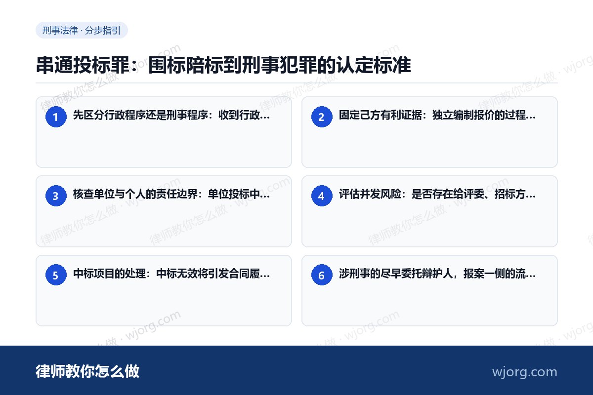 串通投标罪:围标陪标到刑事犯罪的认定标准 串通投标罪:围标陪标到刑事犯罪的:6 步办理流程示意图