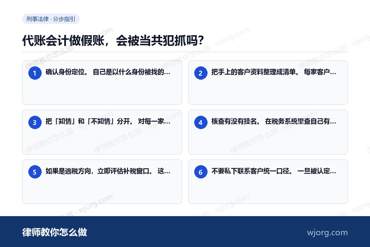 代账会计做假账,会被当共犯抓吗? 代账会计做假账,会被当共犯抓吗:6 步办理流程示意图