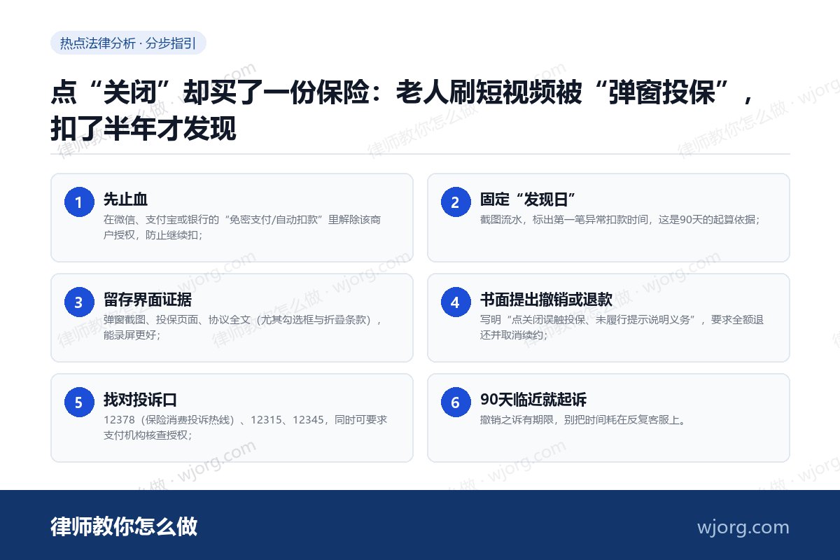 点“关闭”却买了一份保险:老人刷短视频被“弹窗投保”,扣了半年才发现 点“关闭”却买了一份保险:老人刷:6 步办理流程示意图