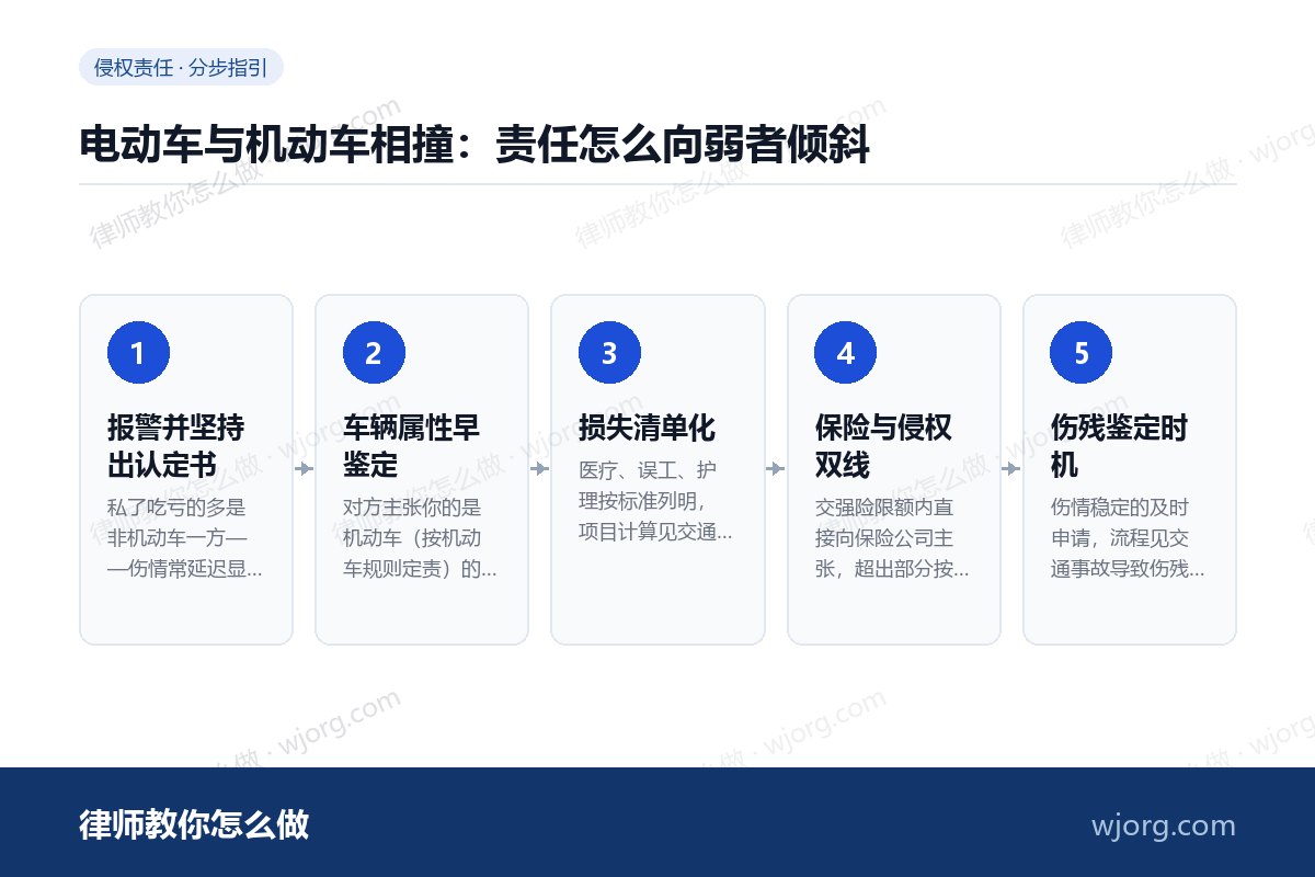 电动车与机动车相撞:责任怎么向弱者倾斜 电动车与机动车相撞:责任怎么向弱:5 步办理流程示意图
