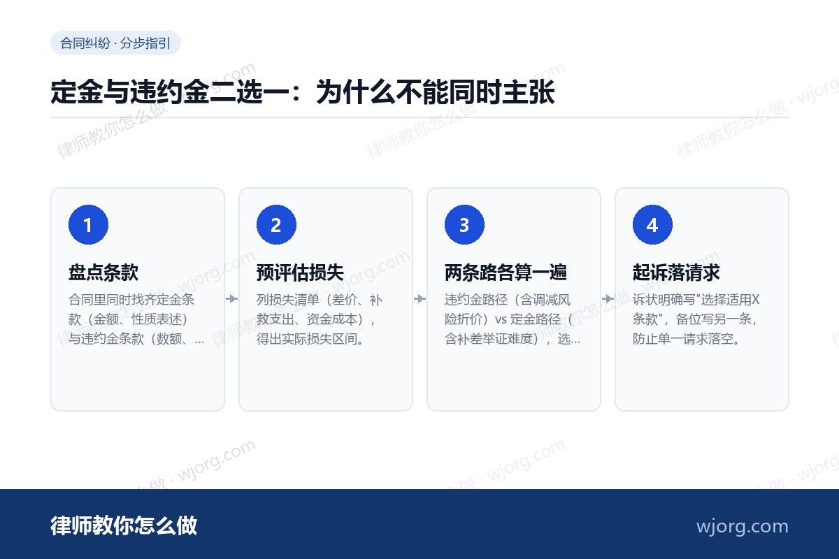 定金与违约金二选一:为什么不能同时主张 定金与违约金二选一:为什么不能同:4 步办理流程示意图