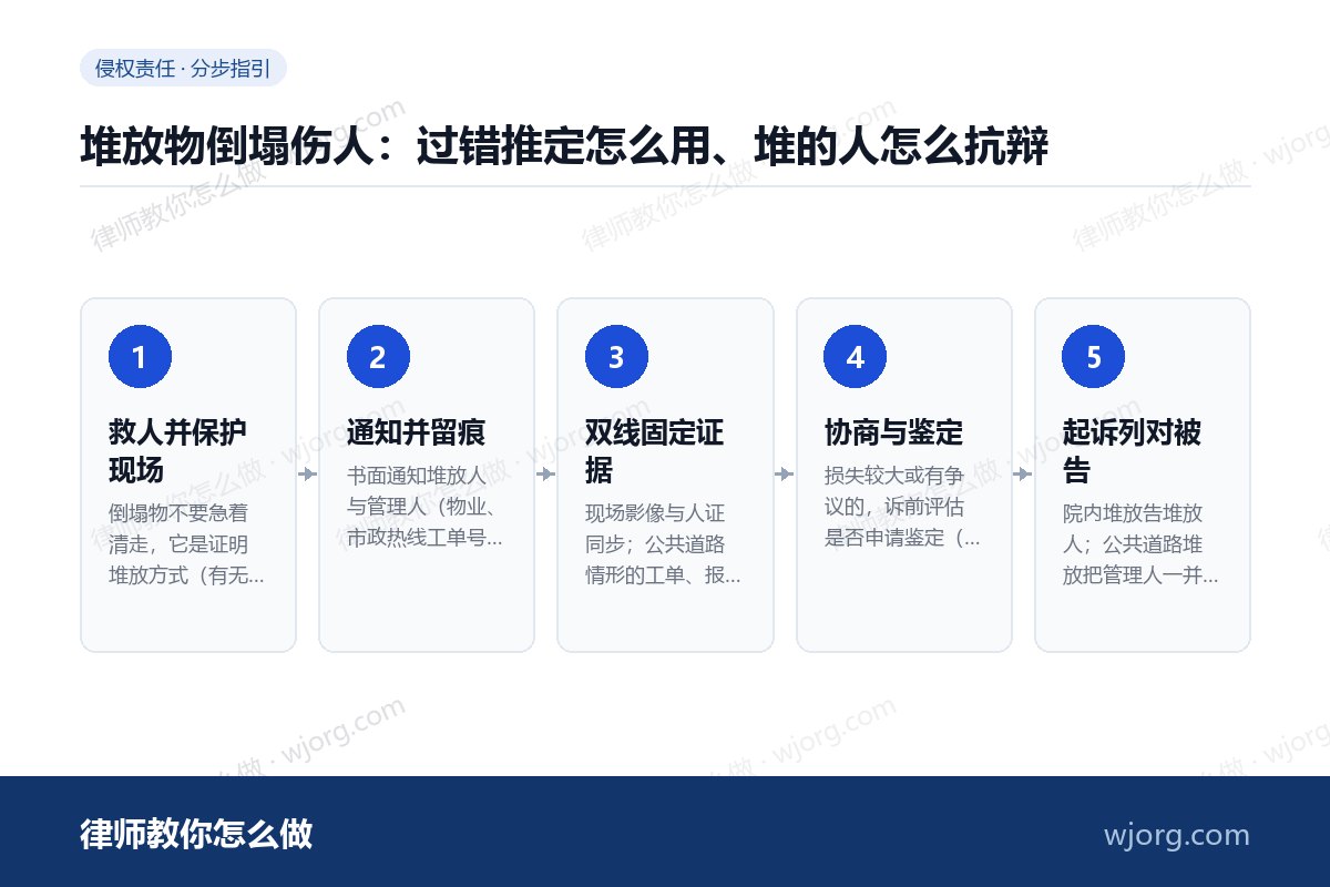 堆放物倒塌伤人:过错推定怎么用、堆的人怎么抗辩 堆放物倒塌伤人:过错推定怎么用、:5 步办理流程示意图