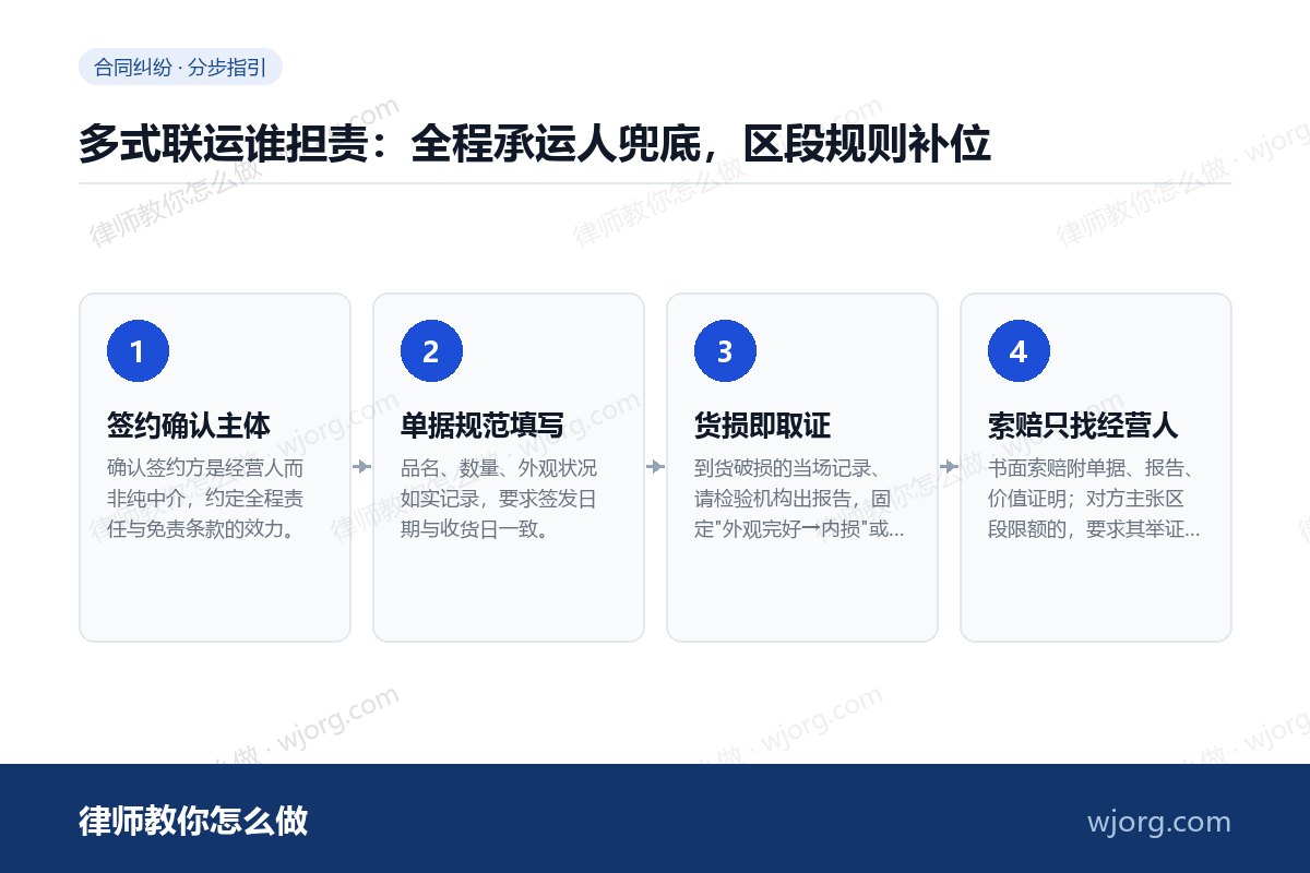 多式联运谁担责:全程承运人兜底,区段规则补位 多式联运谁担责:全程承运人兜底,:4 步办理流程示意图