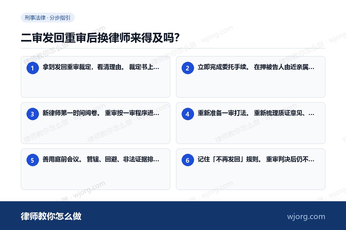 二审发回重审后换律师来得及吗? 二审发回重审后换律师来得及吗:6 步办理流程示意图
