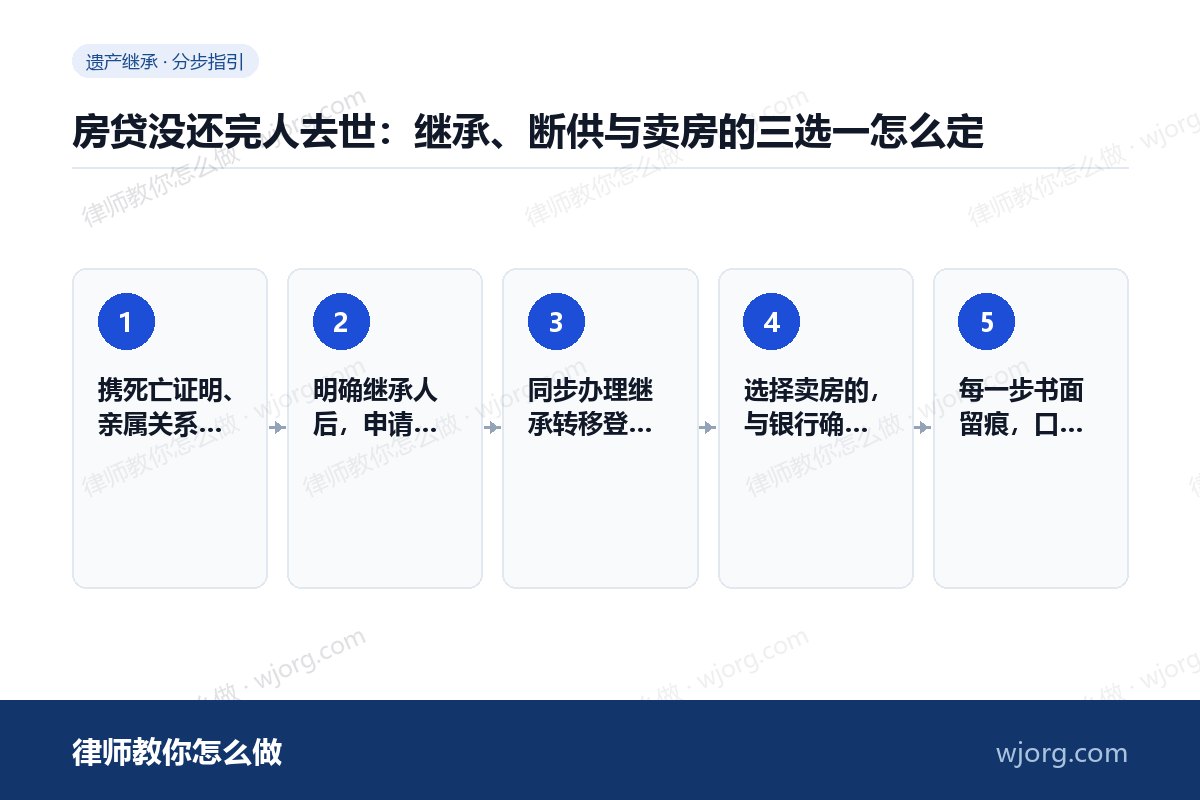 房贷没还完人去世：继承、断供与卖：5 步办理流程示意图