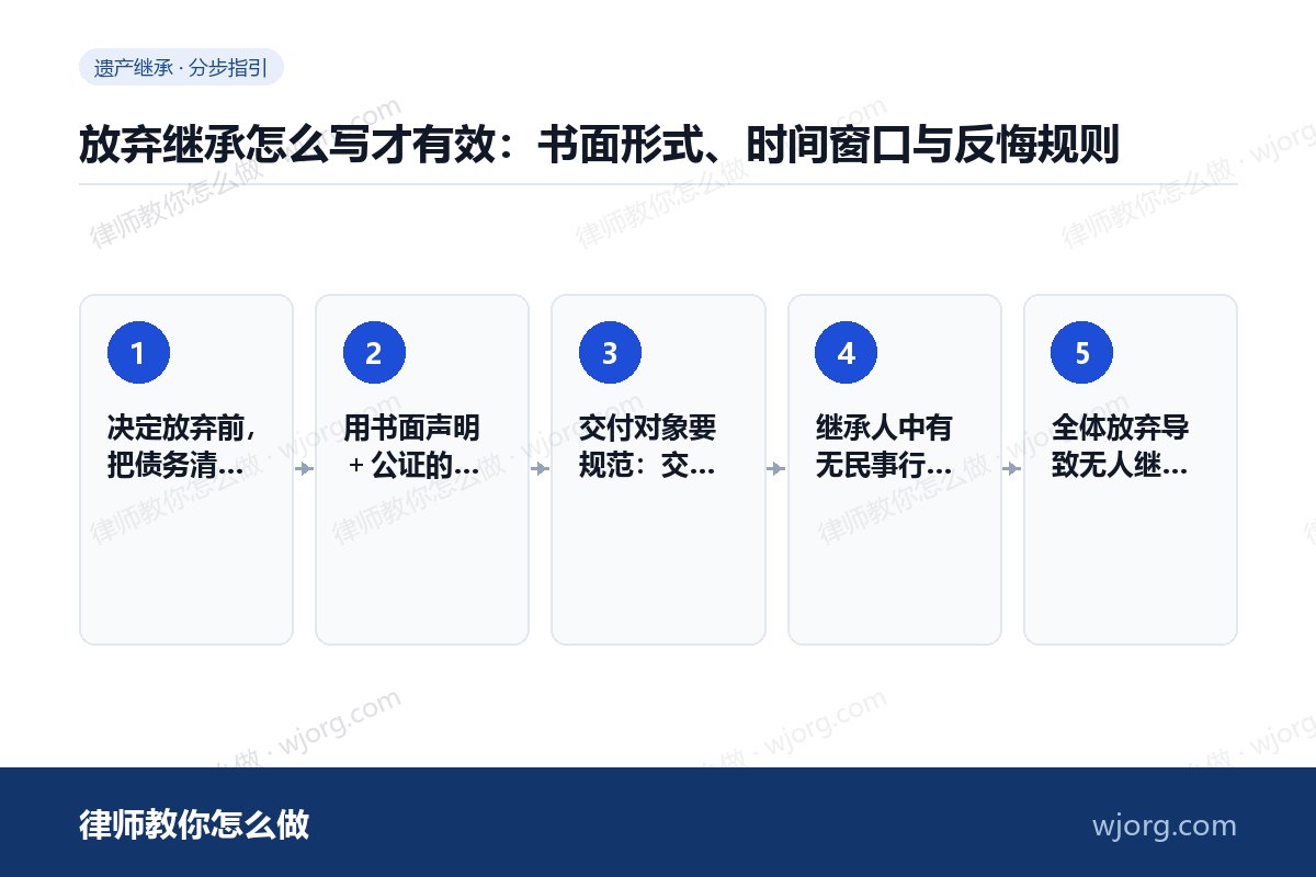 放弃继承怎么写才有效:书面形式、时间窗口与反悔规则 放弃继承怎么写才有效:书面形式、:5 步办理流程示意图