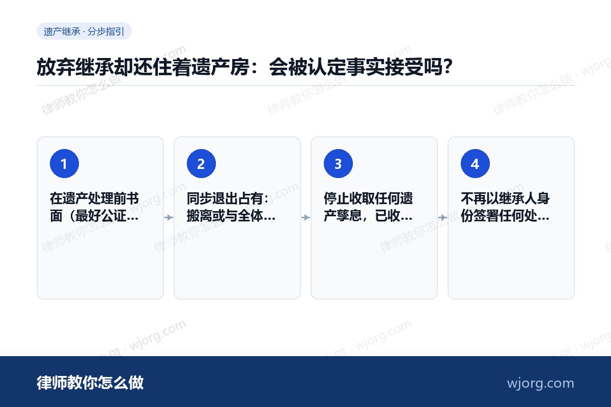 放弃继承却还住着遗产房:会被认定事实接受吗? 放弃继承却还住着遗产房:会被认定:4 步办理流程示意图