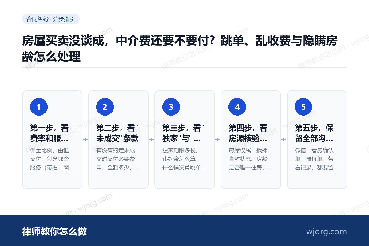 房屋买卖没谈成,中介费还要不要付?跳单、乱收费与隐瞒房龄怎么处理 房屋买卖没谈成,中介费还要不要付:5 步办理流程示意图