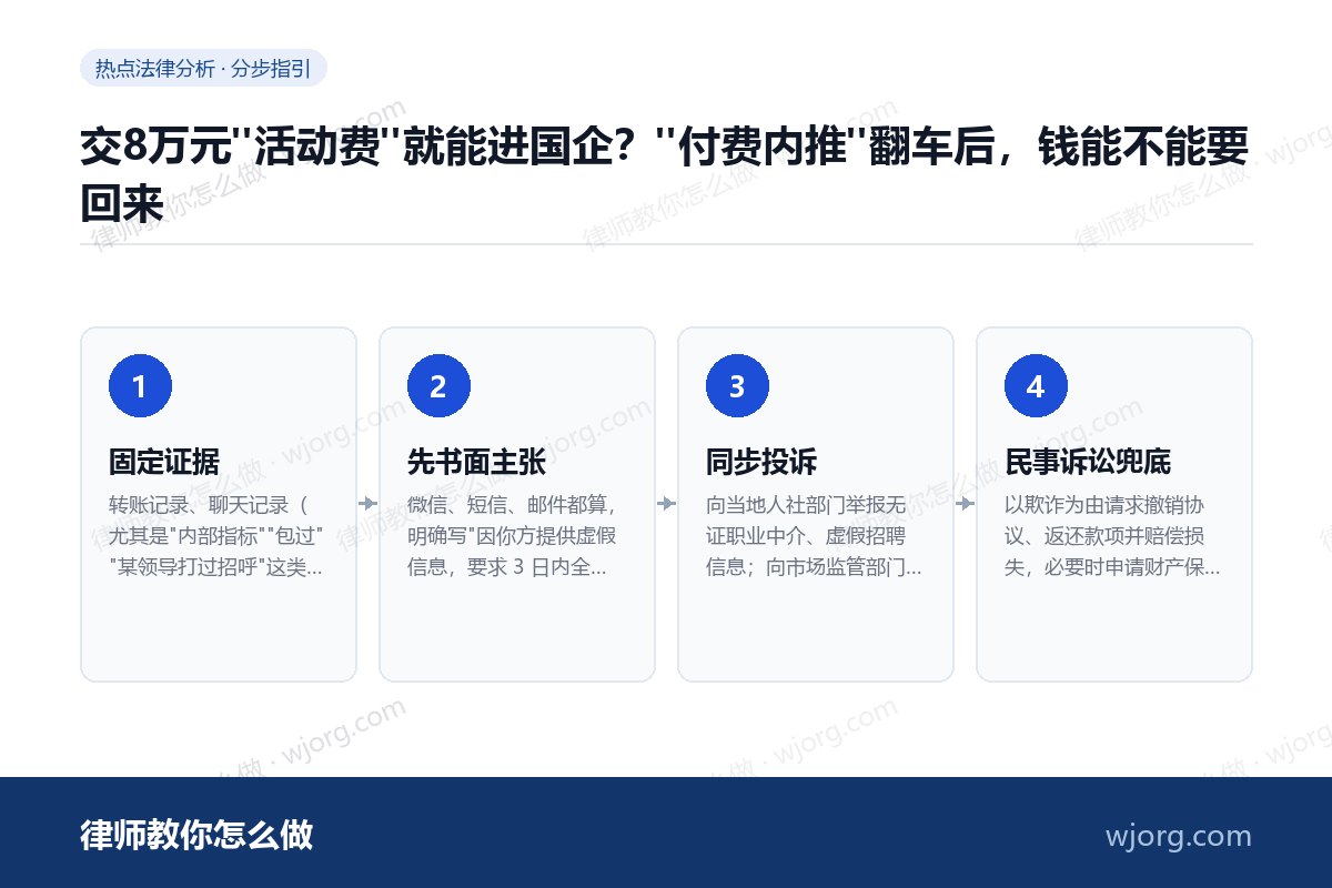 交8万元"活动费"就能进国企?"付费内推"翻车后,钱能不能要回来 交8万元"活动费"就能进国企:4 步办理流程示意图