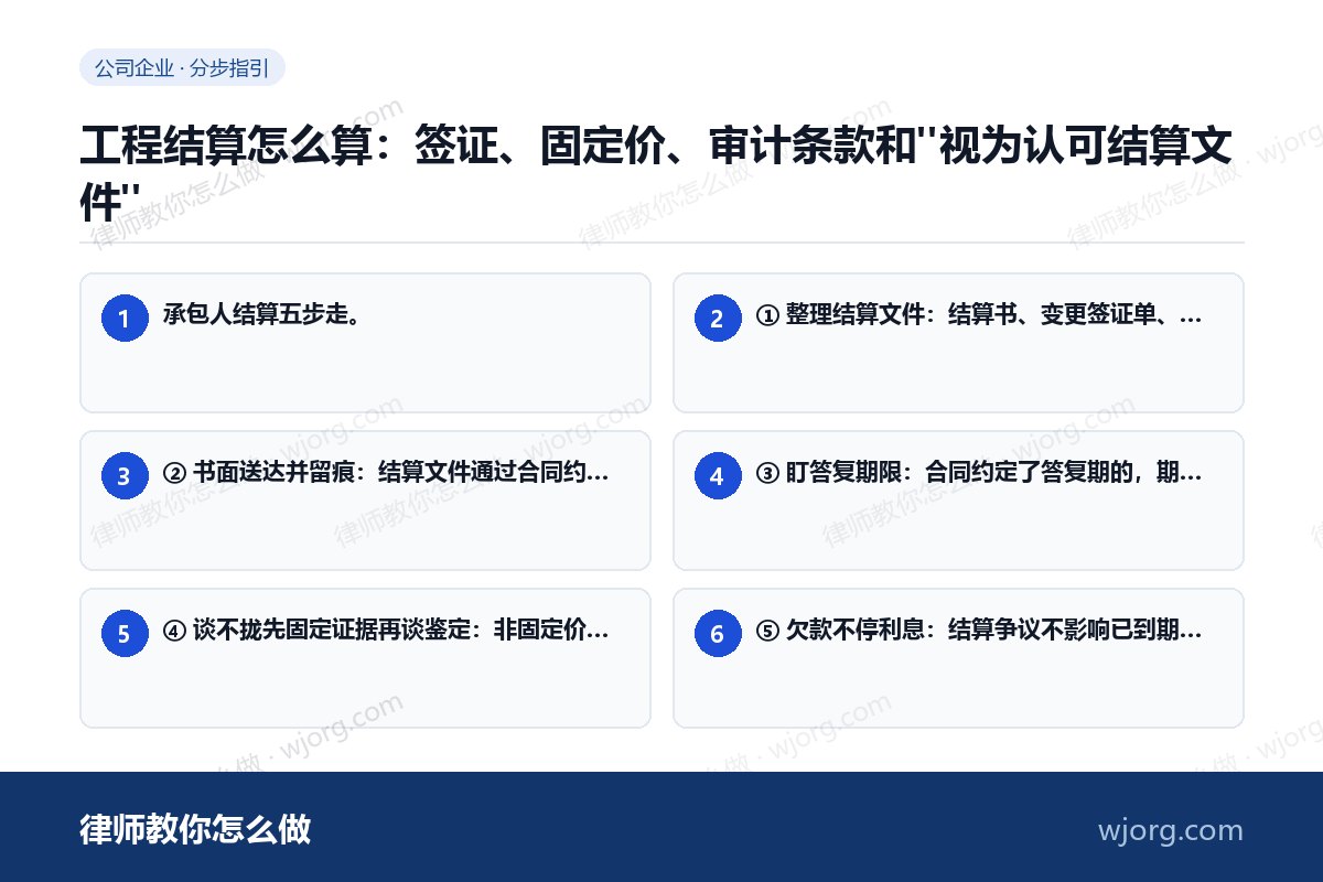 工程结算怎么算:签证、固定价、审计条款和"视为认可结算文件" 工程结算怎么算:签证、固定价、审:6 步办理流程示意图