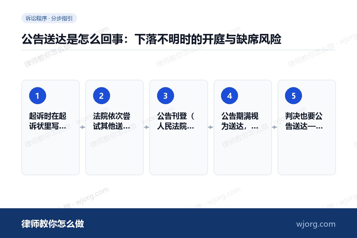 公告送达是怎么回事:下落不明时的开庭与缺席风险 公告送达是怎么回事:下落不明时的:5 步办理流程示意图