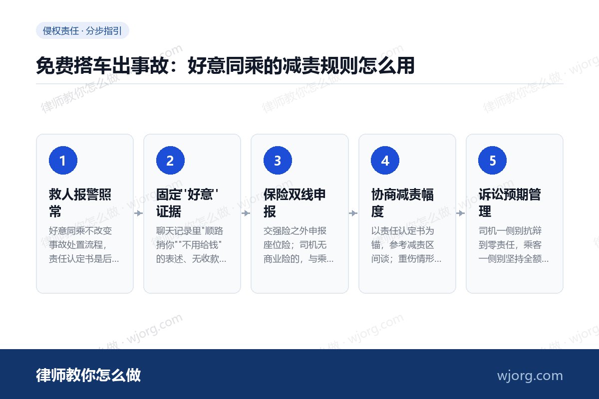 免费搭车出事故：好意同乘的减责规：5 步办理流程示意图