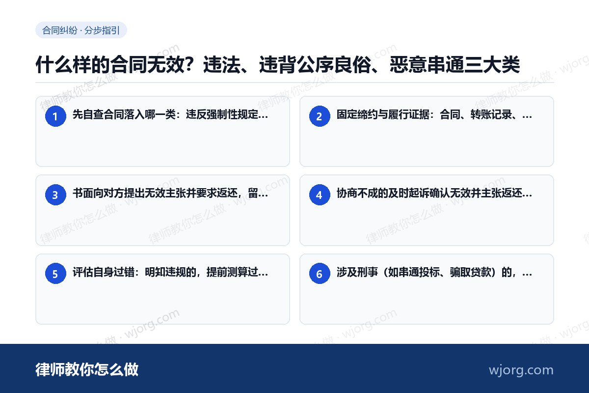 什么样的合同无效?违法、违背公序良俗、恶意串通三大类 什么样的合同无效:6 步办理流程示意图