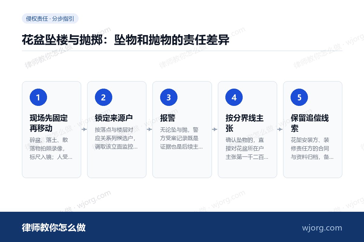 花盆坠楼与抛掷:坠物和抛物的责任差异 花盆坠楼与抛掷:坠物和抛物的责任:5 步办理流程示意图
