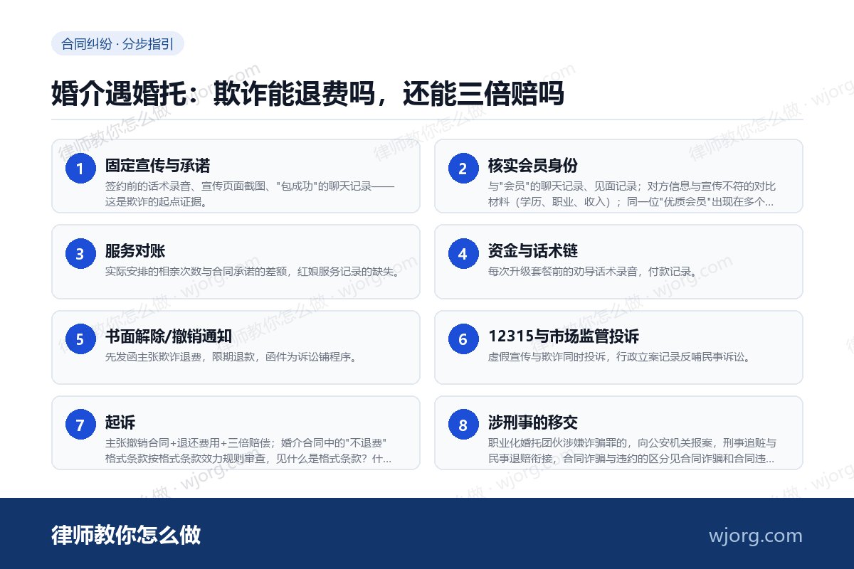 婚介遇婚托:欺诈能退费吗,还能三倍赔吗 婚介遇婚托:欺诈能退费吗,还能三:8 步办理流程示意图