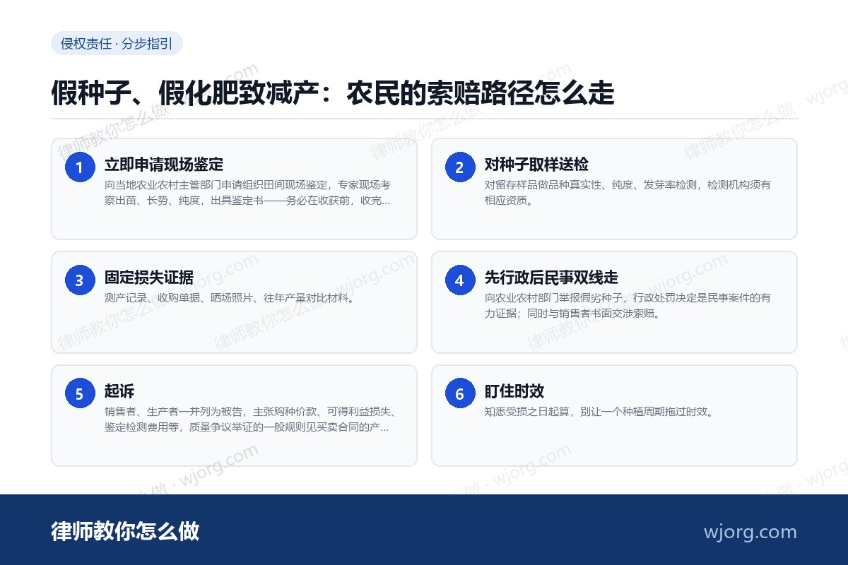 假种子、假化肥致减产:农民的索赔路径怎么走 假种子、假化肥致减产:农民的索赔:6 步办理流程示意图