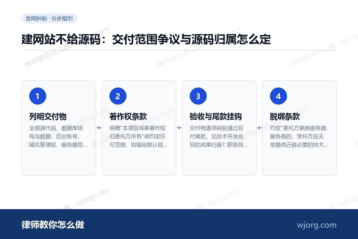 建网站不给源码:交付范围争议与源码归属怎么定 建网站不给源码:交付范围争议与源:4 步办理流程示意图