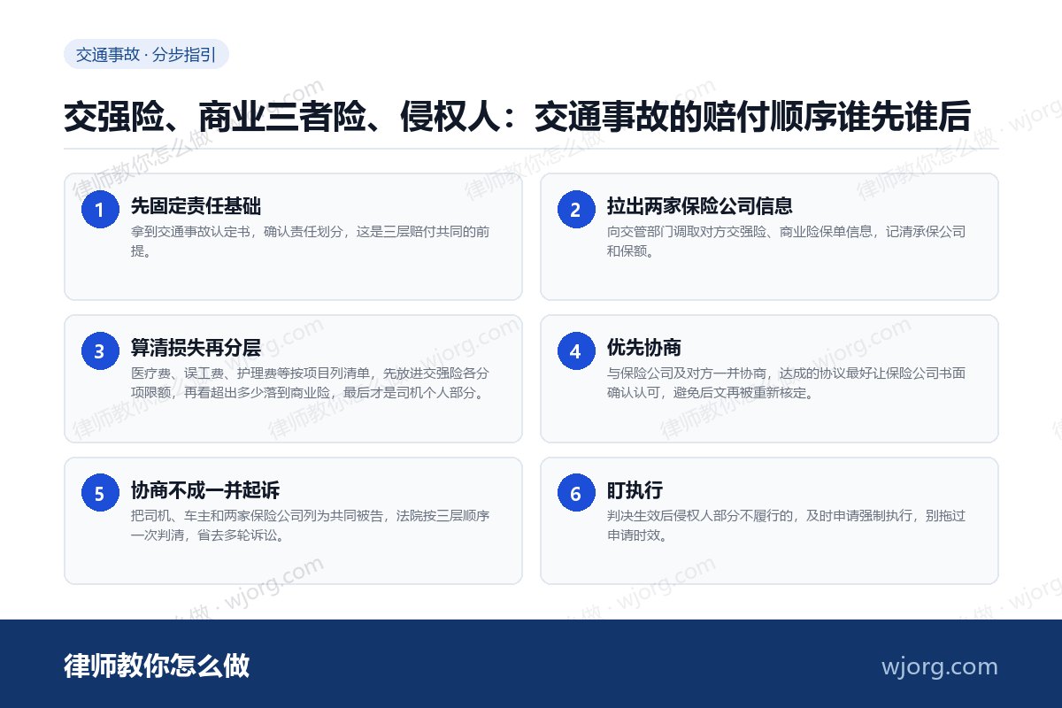 交强险、商业三者险、侵权人:交通事故的赔付顺序谁先谁后 交强险、商业三者险、侵权人:交通:6 步办理流程示意图