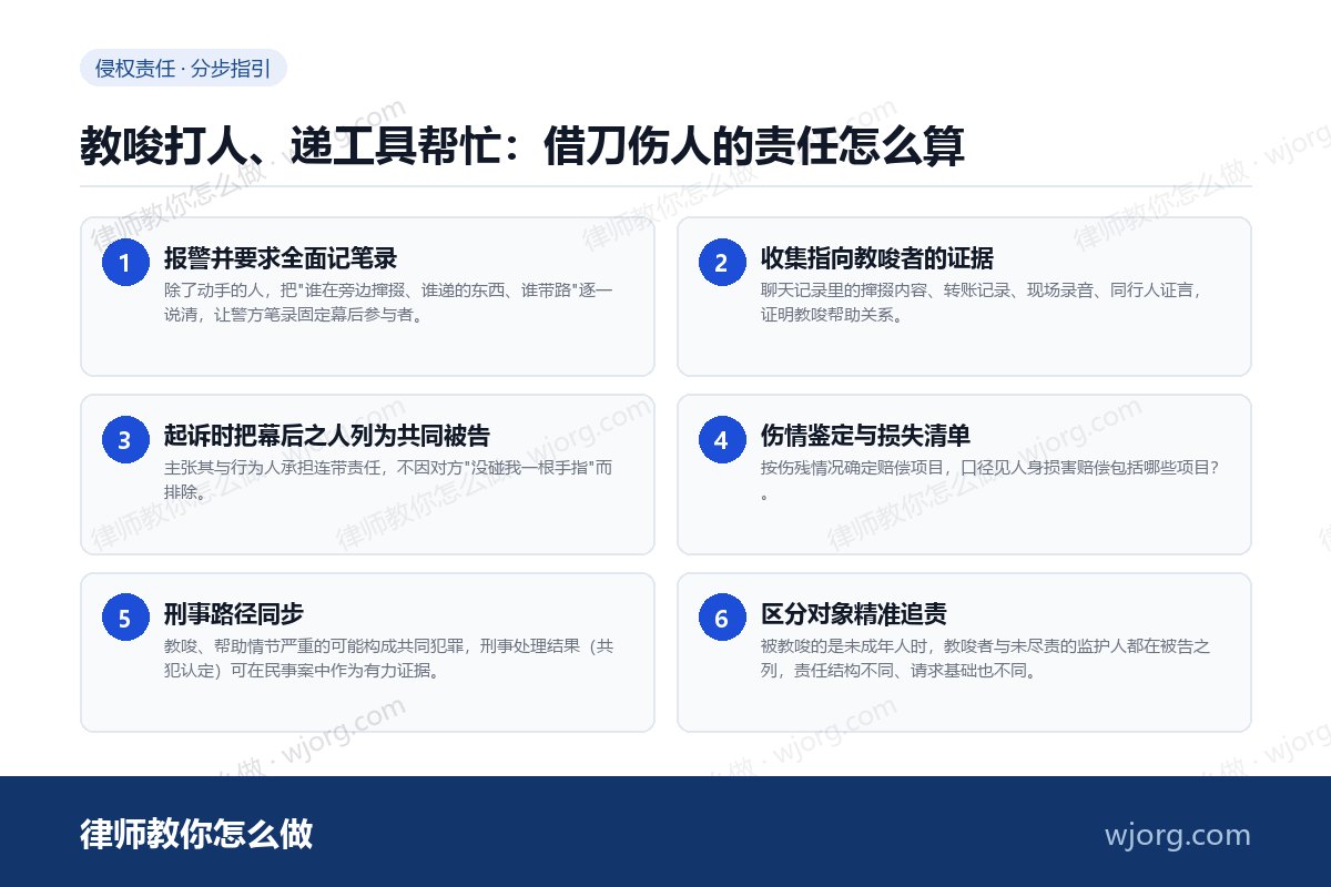 教唆打人、递工具帮忙:借刀伤人的责任怎么算 教唆打人、递工具帮忙:借刀伤人的:6 步办理流程示意图