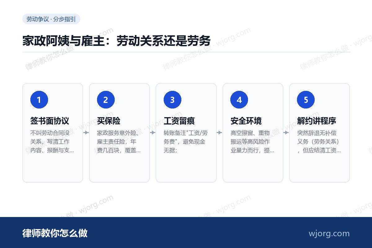 家政阿姨与雇主:劳动关系还是劳务 家政阿姨与雇主:劳动关系还是劳务:5 步办理流程示意图