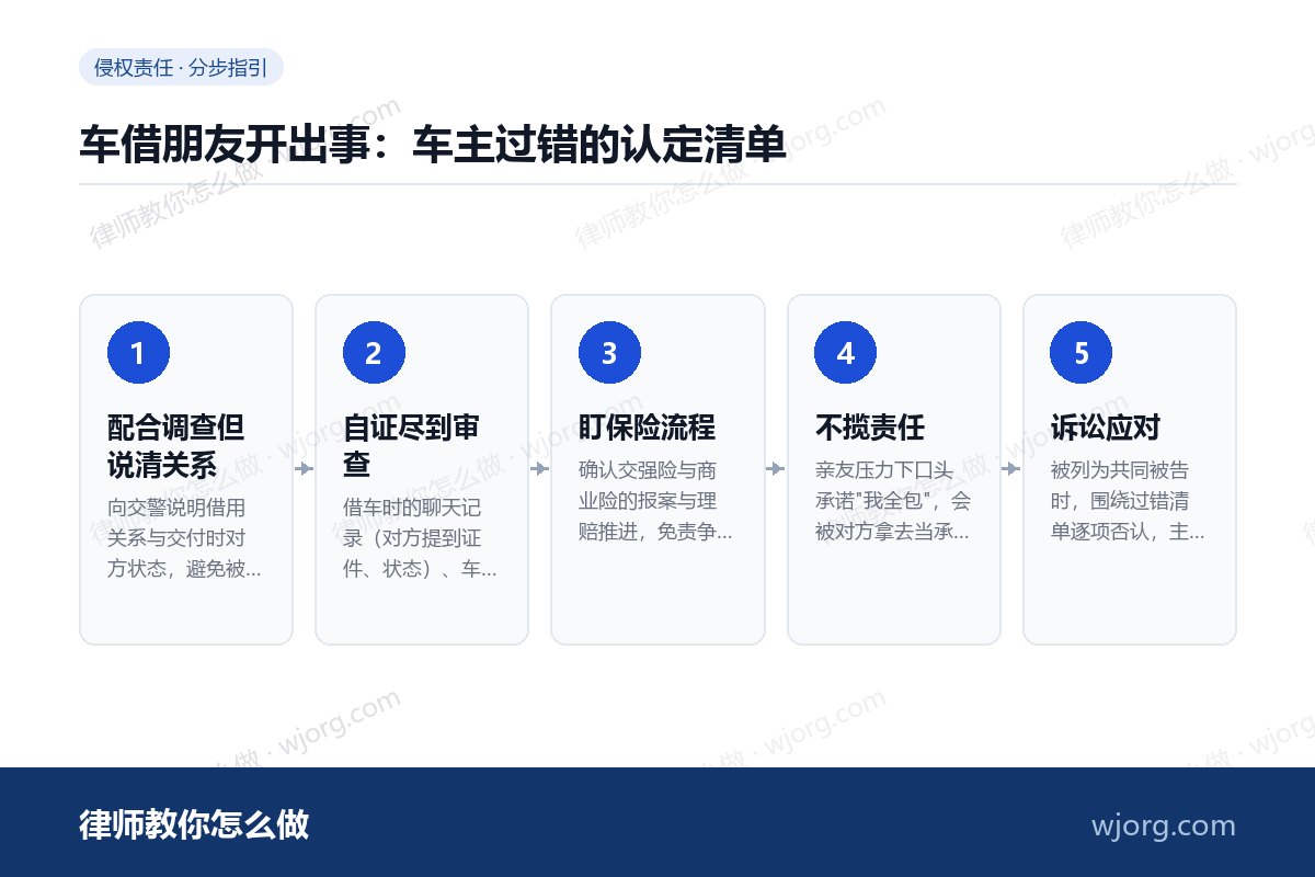 车借朋友开出事:车主过错的认定清单 车借朋友开出事:车主过错的认定清:5 步办理流程示意图