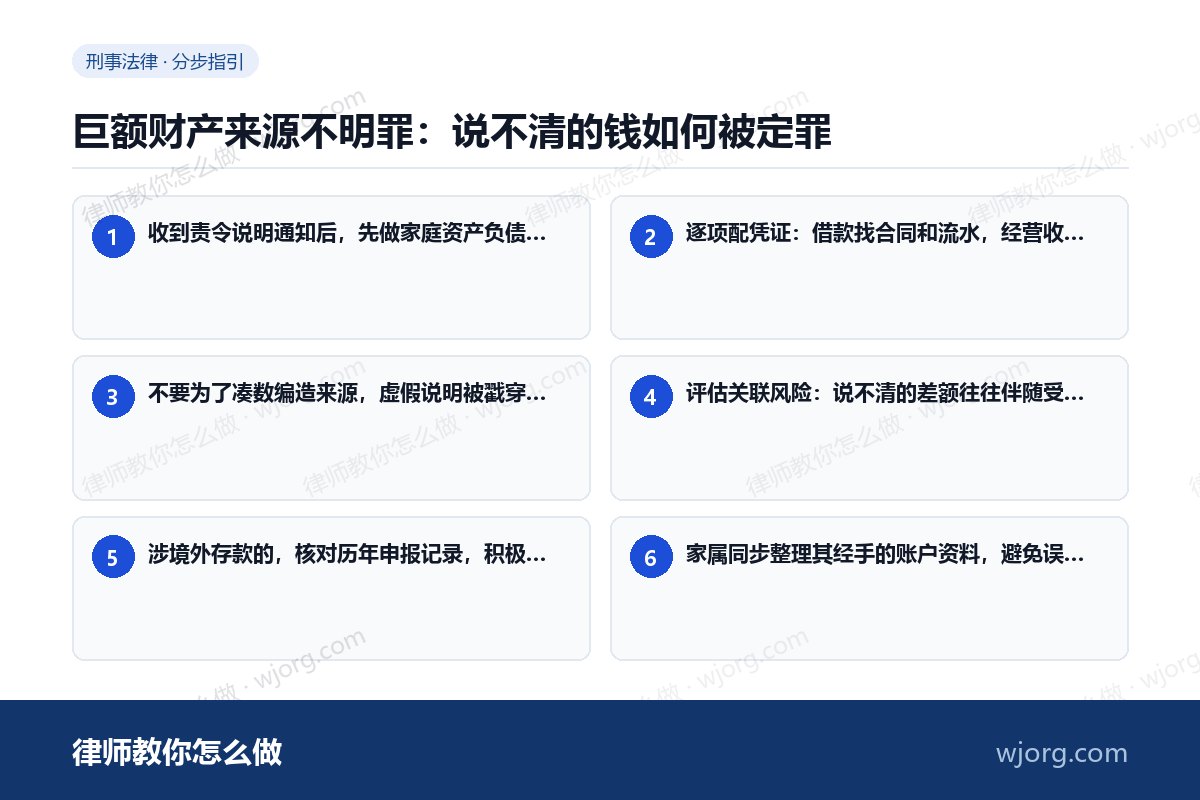 巨额财产来源不明罪:说不清的钱如何被定罪 巨额财产来源不明罪:说不清的钱如:6 步办理流程示意图