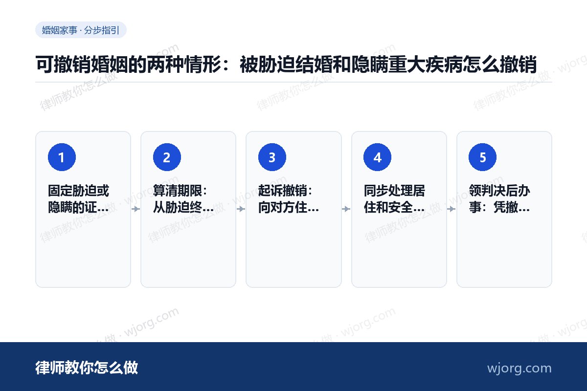 可撤销婚姻的两种情形:被胁迫结婚和隐瞒重大疾病怎么撤销 可撤销婚姻的两种情形:被胁迫结婚:5 步办理流程示意图