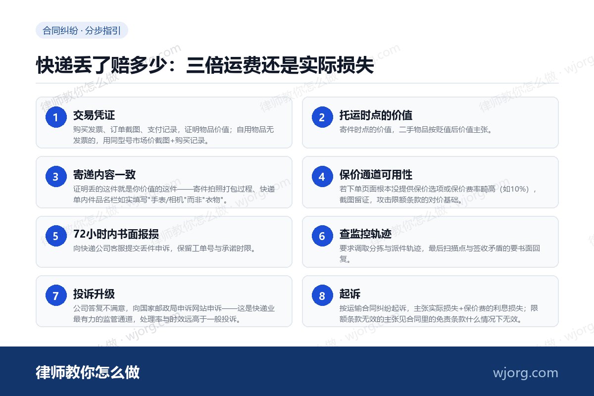 快递丢了赔多少:三倍运费还是实际损失 快递丢了赔多少:三倍运费还是实际:8 步办理流程示意图