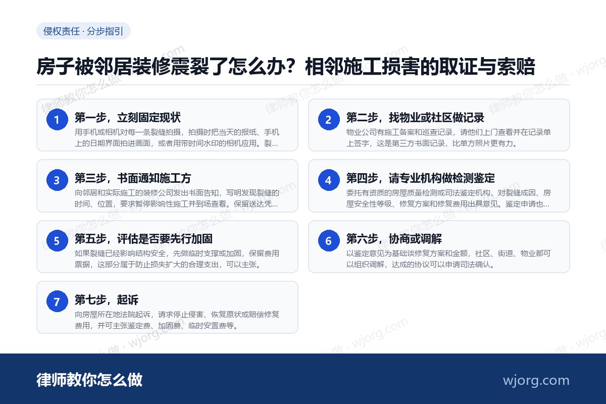 房子被邻居装修震裂了怎么办?相邻施工损害的取证与索赔 房子被邻居装修震裂了怎么办:7 步办理流程示意图