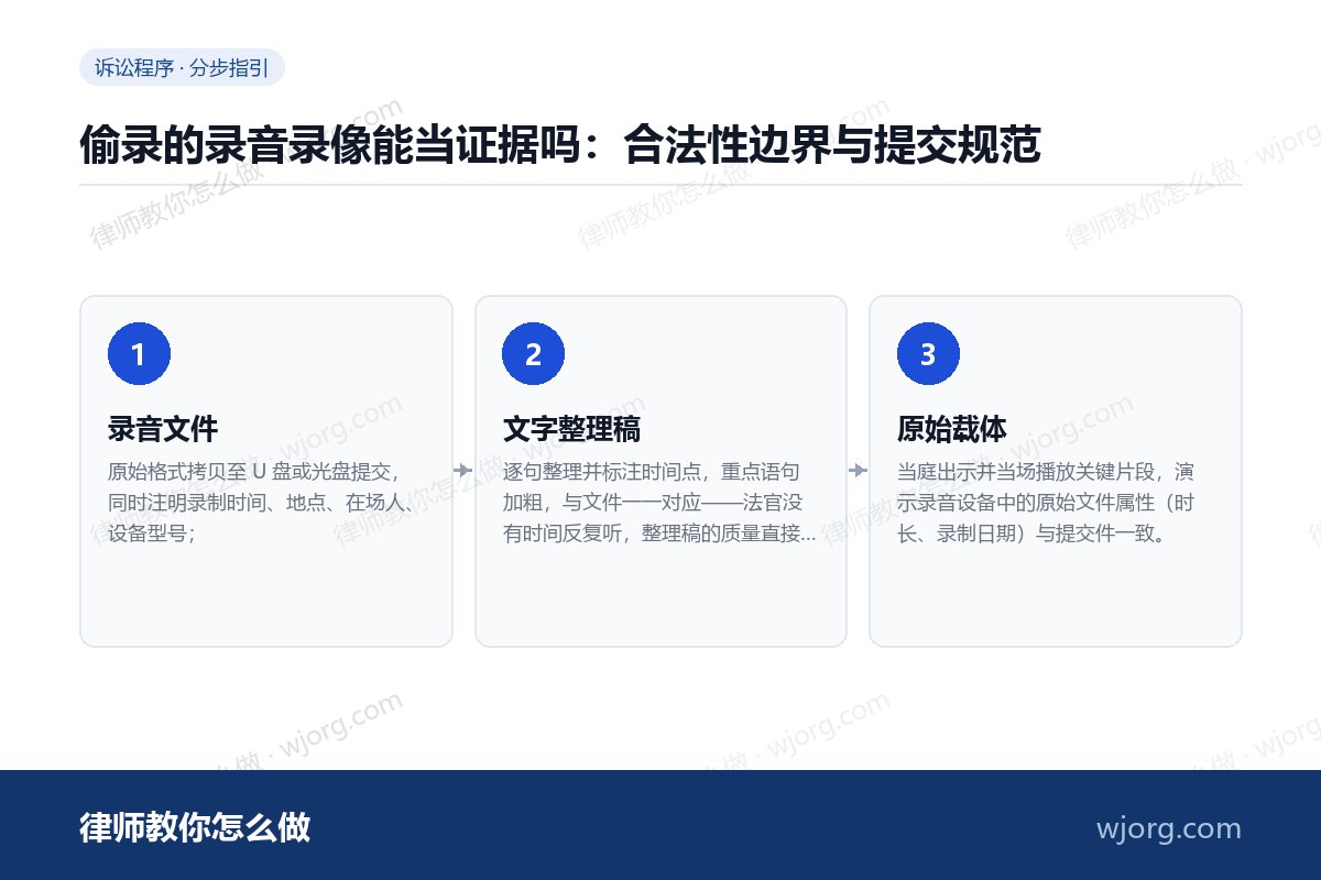 偷录的录音录像能当证据吗:合法性边界与提交规范 偷录的录音录像能当证据吗:合法性:3 步办理流程示意图