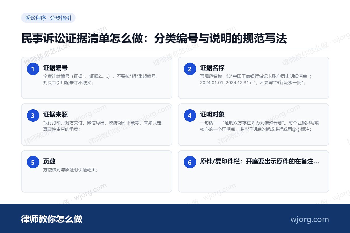 民事诉讼证据清单怎么做:分类编号与说明的规范写法 民事诉讼证据清单怎么做:分类编号:6 步办理流程示意图