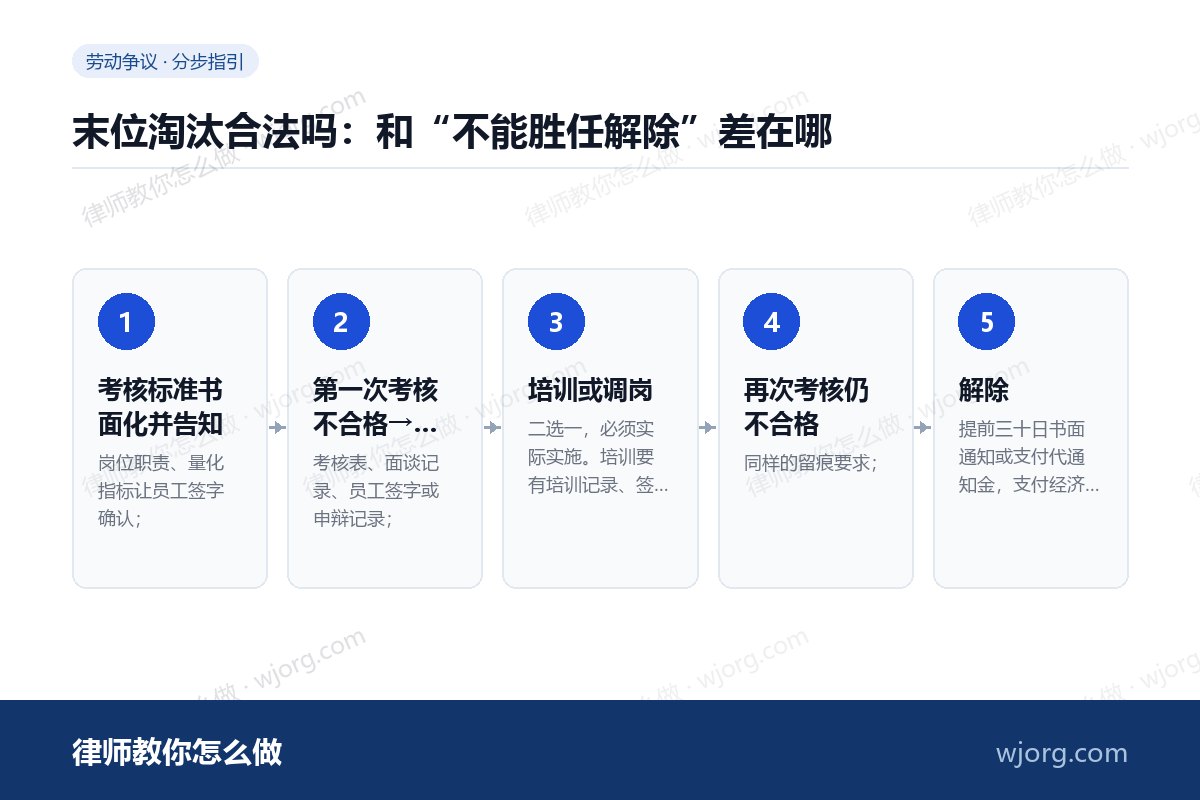 末位淘汰合法吗:和“不能胜任解除”差在哪 末位淘汰合法吗:和“不能胜任解除:5 步办理流程示意图