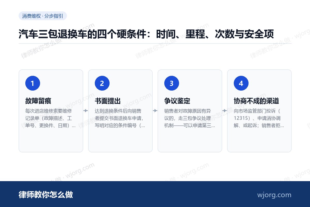 汽车三包退换车的四个硬条件:时间、里程、次数与安全项 汽车三包退换车的四个硬条件:时间:4 步办理流程示意图