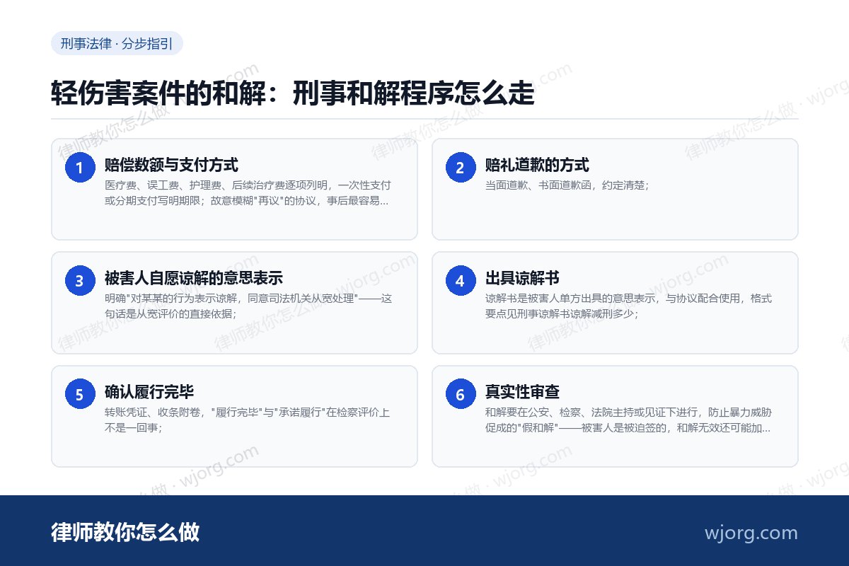 轻伤害案件的和解:刑事和解程序怎么走 轻伤害案件的和解:刑事和解程序怎:6 步办理流程示意图