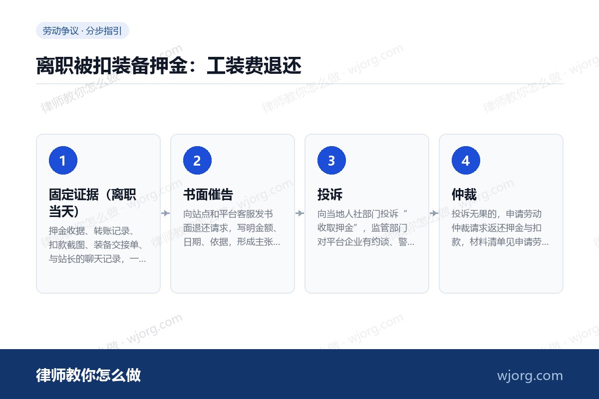 离职被扣装备押金:工装费退还 离职被扣装备押金:工装费退还:4 步办理流程示意图