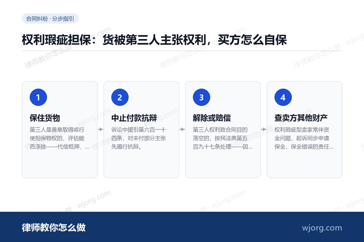 权利瑕疵担保:货被第三人主张权利,买方怎么自保 权利瑕疵担保:货被第三人主张权利:4 步办理流程示意图