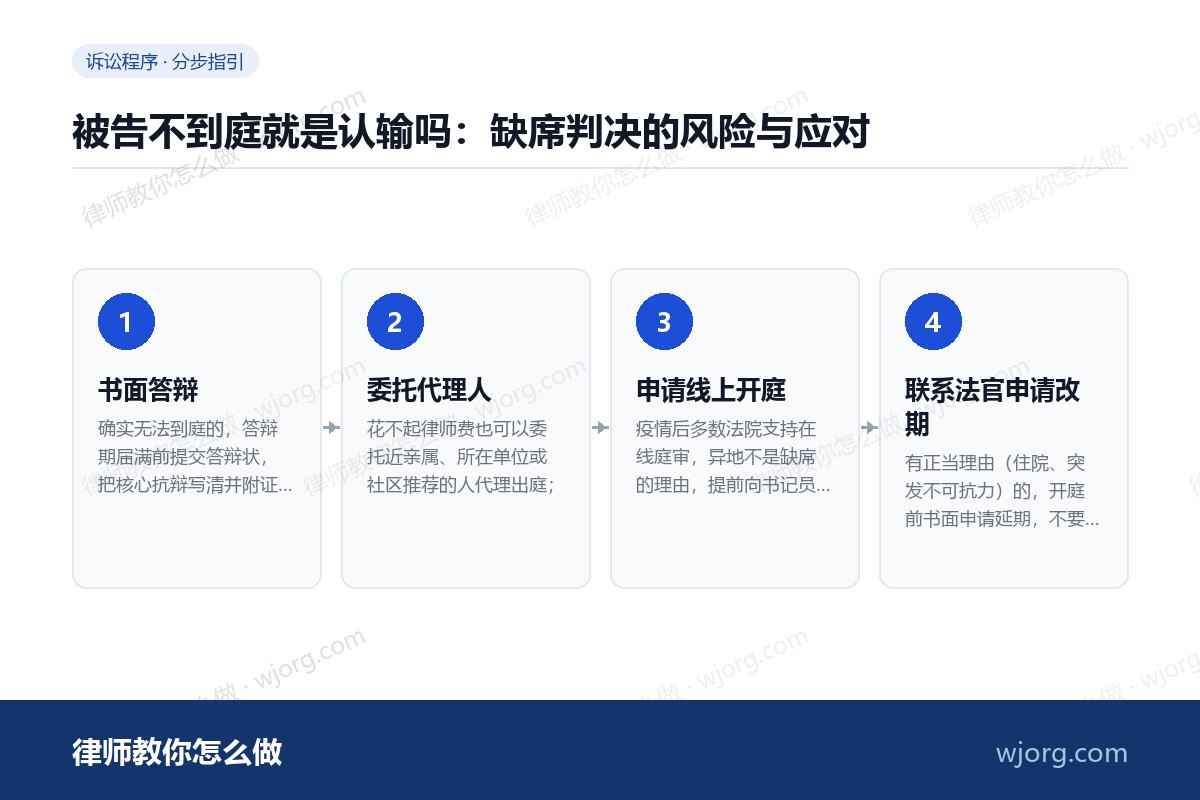 被告不到庭就是认输吗:缺席判决的风险与应对 被告不到庭就是认输吗:缺席判决的:4 步办理流程示意图