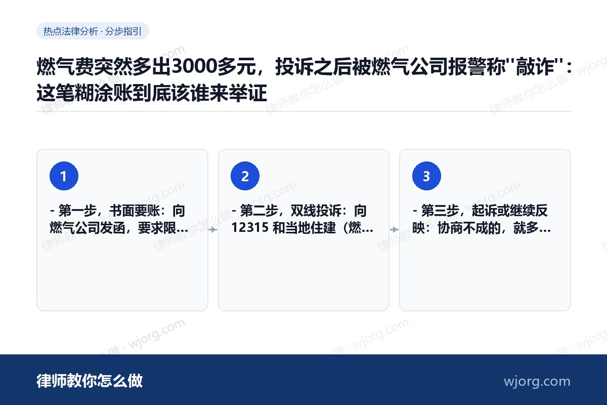 燃气费突然多出3000多元,投诉之后被燃气公司报警称"敲诈":这笔糊涂账到底该谁来举证 燃气费突然多出3000多元,投诉:3 步办理流程示意图
