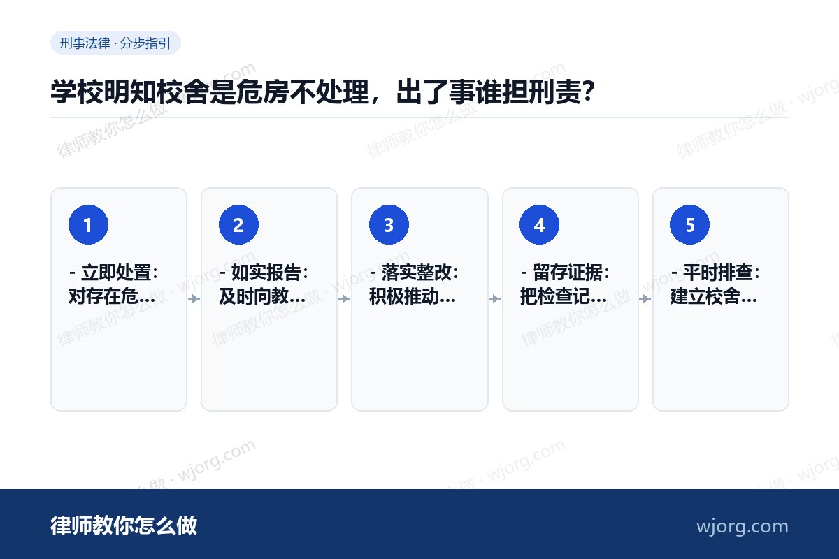 学校明知校舍是危房不处理,出了事谁担刑责? 学校明知校舍是危房不处理,出了事:5 步办理流程示意图